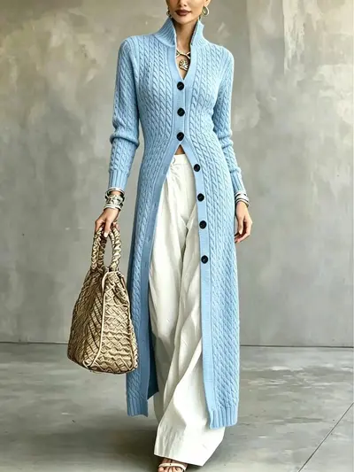 Damen-Strickjacke mit Knöpfen, lang, lässiger langer Mantel