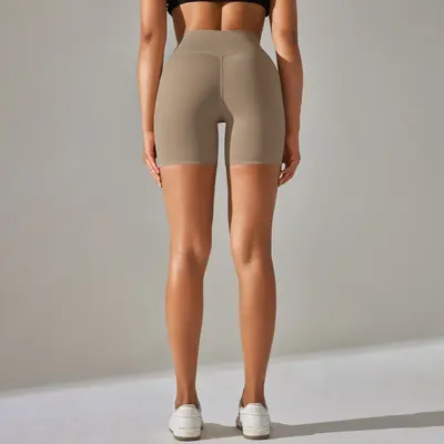 Kadın çift yüzlü düz renk yoga şortu, yüksek bel, üç çeyrek boy - 6