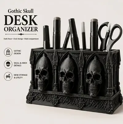 3D Printed Skull Pen Holder and Makeup Brush Storage Box, Gothic Style Gift - 3