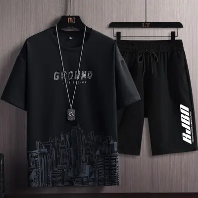 Kısa kollu tişört takım elbise erkek yaz yeni kar dağ baskı moda moda Kore tarzı ince büyük boy spor iki parçalı set - 11