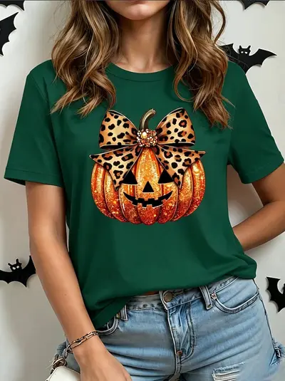 Cadılar Bayramı balkabağı baskılı kadın kısa kollu T-shirt