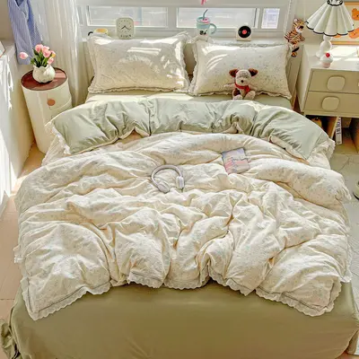 Class A wrinkled gauze double-layer cotton lace four-piece set, single/double bedding, bed sheet, fitted sheet, single piece dropshipping. - 8