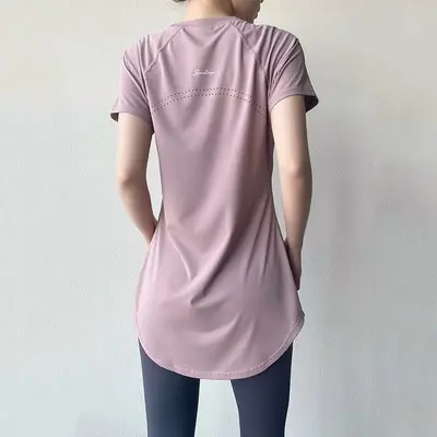 瑜伽服夏季女短袖中长款遮臀宽松显瘦跑步健身T恤运动上衣女