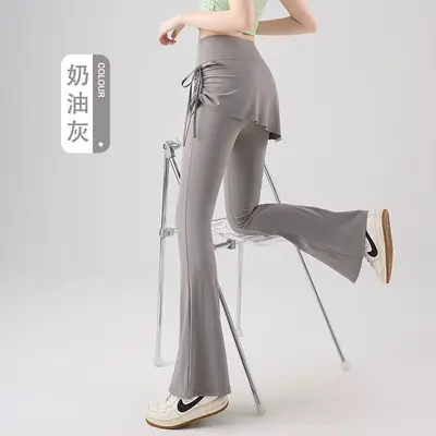 Kadın yüksek bel yoga pantolonu, sahte iki parça görünümlü, yan büzgülü kalça kapatıcı fit - 7