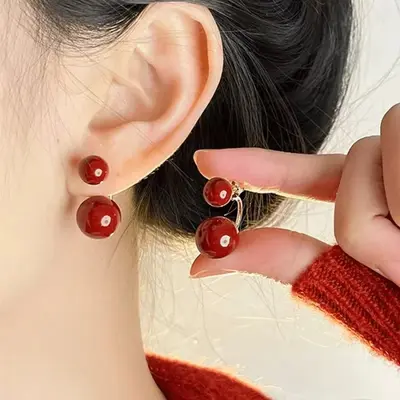 Kırmızı damla sırı inci küpe, vintage tasarım - 3