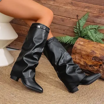 Damen-Modestiefel mit plissiertem Schaft, Blockabsatz, Große Größen - 3