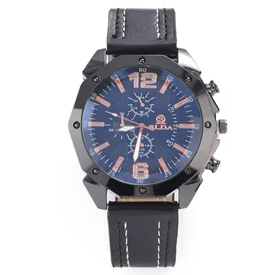 Men's quartz watch with leather strap, large dial, Korean style - 13