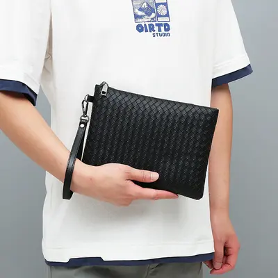 Men's Woven Hand Bag, Large Capacity Soft Leather Clutch Envelope Bag - 6