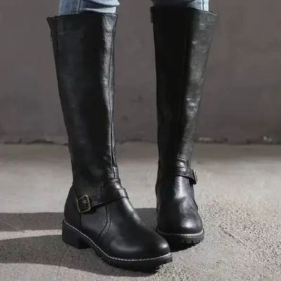 Women's Leather Motorcycle Boots, Round Toe, Double Zipper, Plus Size - 7