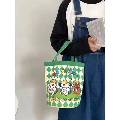 Graffiti Print Canvas Cylindrical Bucket Bag, Korean-Style Lunch Bag - 10
