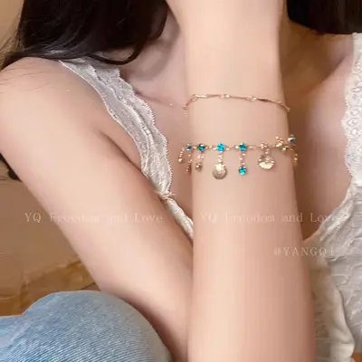 Blaues Diamant-Muschelarmband und Halskettensatz - 7