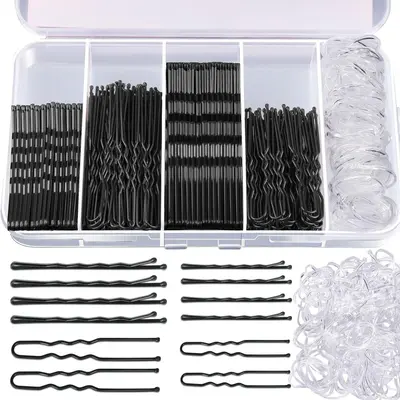 Saç aksesuarı toka ve tokalı topuz seti, renkli lastik tokalar, U şeklinde toka aksesuar toptan satış, kutulu lastik tokalı toka seti