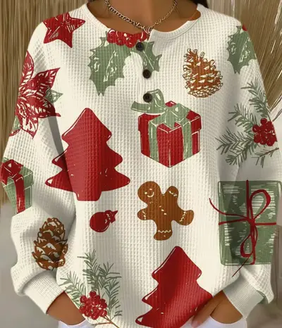 Damen-Waffel-Sweatshirt, Retro-Stil, Digitaldruck, lässige Passform - 7