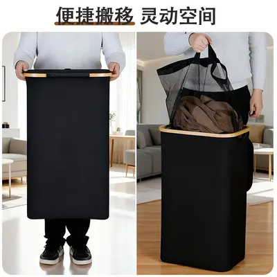 Cross-border Foldable Oxford Cloth Laundry Basket with Bamboo Frame, Lid and Dust Protection, Storage Home Movable Laundry Hamper