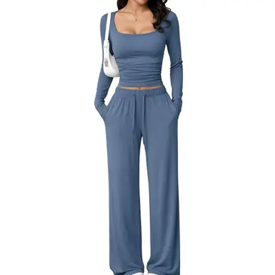 Women's Square-Neck Long-Sleeve Top and Pants Casual Set - 7