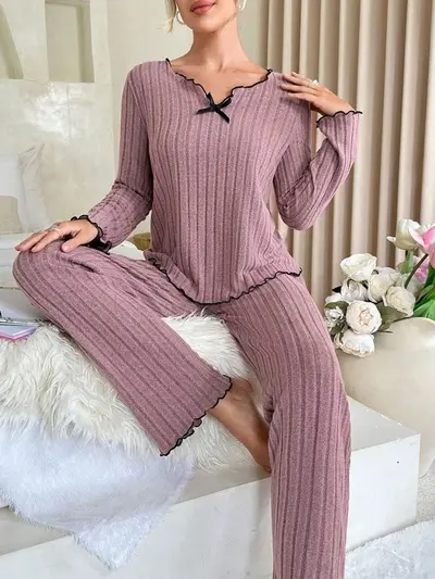 Kadın siyah kenarlı örgülü rahat ev takımı pijama takımı - 7