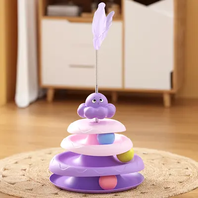 Turntable Ball Cat Toy, Self-Play Mouse and Feather Teaser Wand - 9