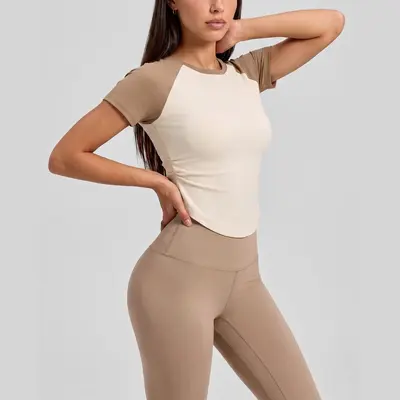 Women's Yoga Set with Slimming Effect and Short-Sleeve Top - 11
