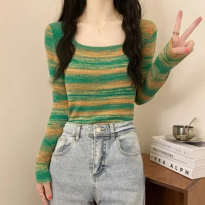 Women's Square Neck Long Sleeve Knit Base Top, Contrast Stripe, Korean Style - 3