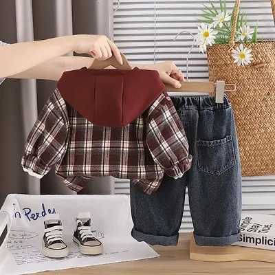 Boys Hooded Jacket Plaid Pants Cardigan 3-Piece Set