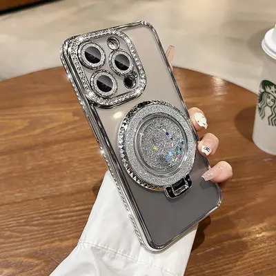 Transparent Soft iPhone 15 Case, Electroplated, Magnetic, Rhinestone Stand - 7