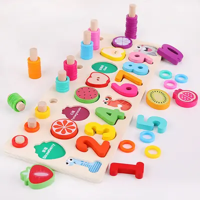 3'ü 1 Arada Çocuk Eğitici Sayma Tahtası ve Meyve Şekli Eşleştirme Puzzle