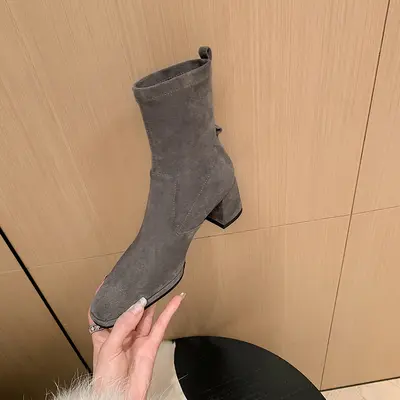 Kadın Kalın Topuklu Süet Görünümlü Bot, Esnek, İnce Model, Kısa Çizme - 8