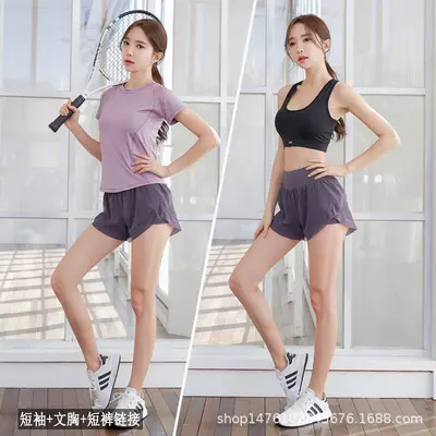 瑜伽服运动女短袖短裤三件套装速干透气跑步衣时尚显瘦夏季健身服