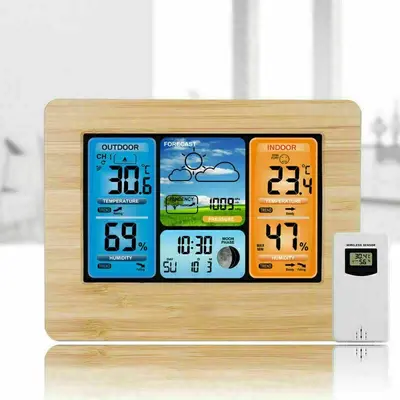 Colourful Display Weather Station Clock, Bamboo Surface, RF Wireless Radio-Controlled Digi - 7