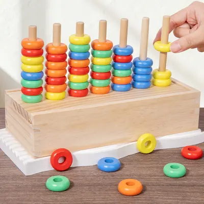 Children's Wooden Rainbow Stacking Rings Color Sorting and Matching Toy, Baby Color Recognition Hands-On Brain Game