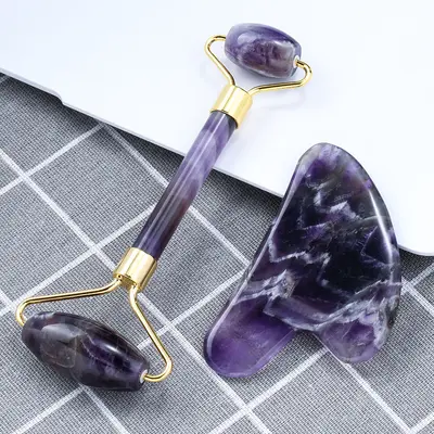 Wholesale natural jade powder crystal cylinder scraping board massage rod face roller jade set universal for full body - 8