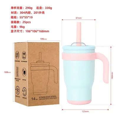 Okula dönüş sezonu kontrast renk 14oz saman araba bardağı çocuk öğrenci termos bardak paslanmaz çelik su bardağı kolu araba bardağı - 3