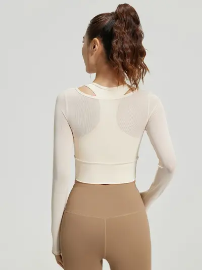 Women's Yoga Top, Fake Two-Piece, Chest Pads, Long Sleeve Mesh Pilates Wear - 6