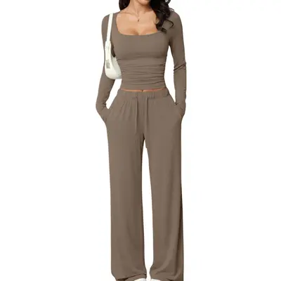 Women's Square-Neck Long-Sleeve Top and Pants Casual Set - 8