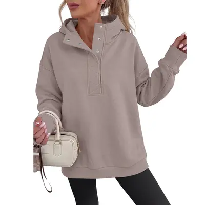 Women's Half-Button Loose Long-Sleeve Hooded Sweatshirt