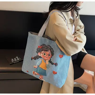 Large Printed Canvas Tote Bag with Single Shoulder Strap for School and Daily Use - 3