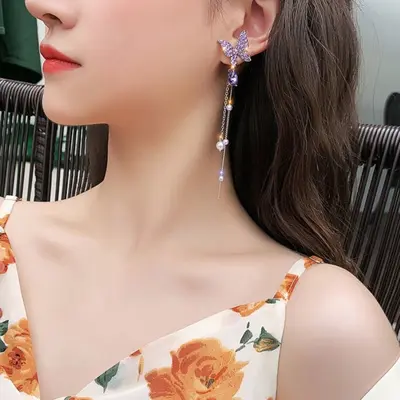 欧美跨境仙女紫色长款流苏蝴蝶耳钉轻奢甜美感耳环名媛风百搭耳饰