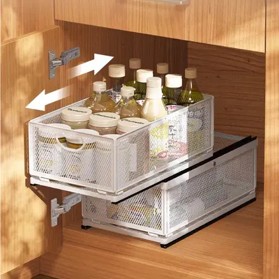Foldable metal storage basket for kitchen and bathroom