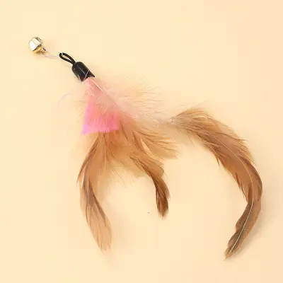 Wooden-Handle Spring Cat Toy with Feather Replacement Head and Bell - 12