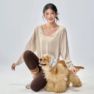 Kadın Bol Kesim Yoga Üstü, V Yaka, Nefes Alabilir, Uzun Kollu - 4