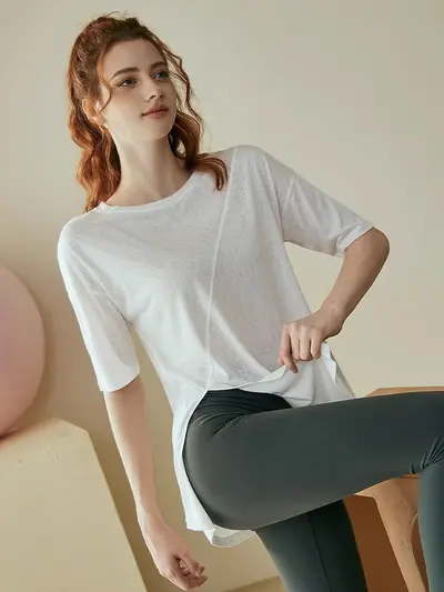 Women's Short Sleeve Yoga and Pilates Top, Summer Running Fitness T-Shirt - 4