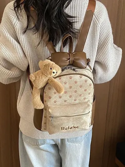 Women's Backpack with Cartoon Puppy Paw Design and Bow, Large Capacity - 6
