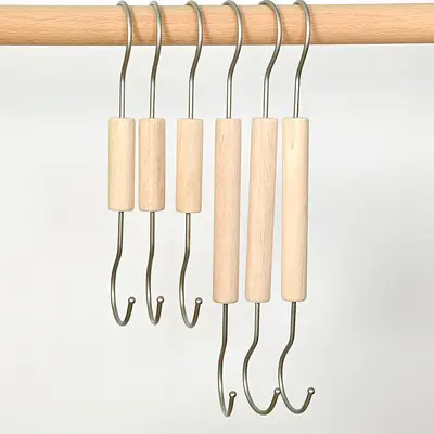 Solid Wood S-Hook with Wooden Ring Clip, Store Display Hook for Clothes, Bags and Hats