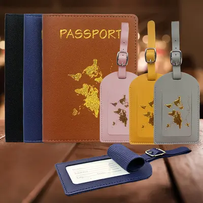 PU deri pasaport pasaport kılıfı özel LOGO harita sıcak damga Amazon bagaj etiketi pasaport tutucu seti