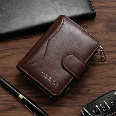 Oil Wax Leather Men's Vertical Wallet, Zipper and Snap Closure - 8
