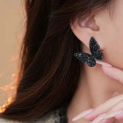 Silver heart butterfly earrings, black zircon, vintage - 3
