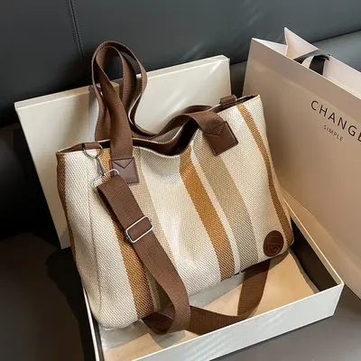 Large Capacity Canvas Bag Korean Style Casual Women's Fashion Single Shoulder Bag Vertical Striped Niche Versatile Commuter Women's Tote Bag