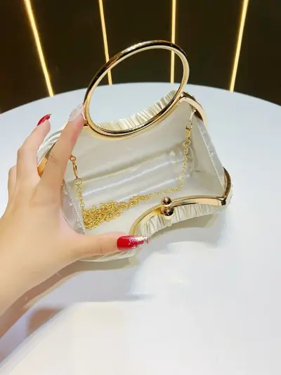 Women's Pleated Evening Bag, Ring Handle Party Clutch - 4