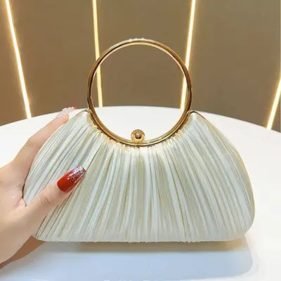 Women's Pleated Evening Bag, Ring Handle Party Clutch - 7