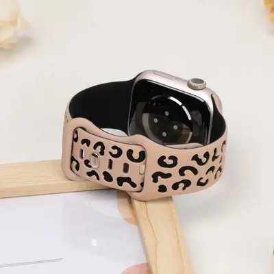 Apple Watch S11 ile uyumlu silikon kordon, leopar desenli